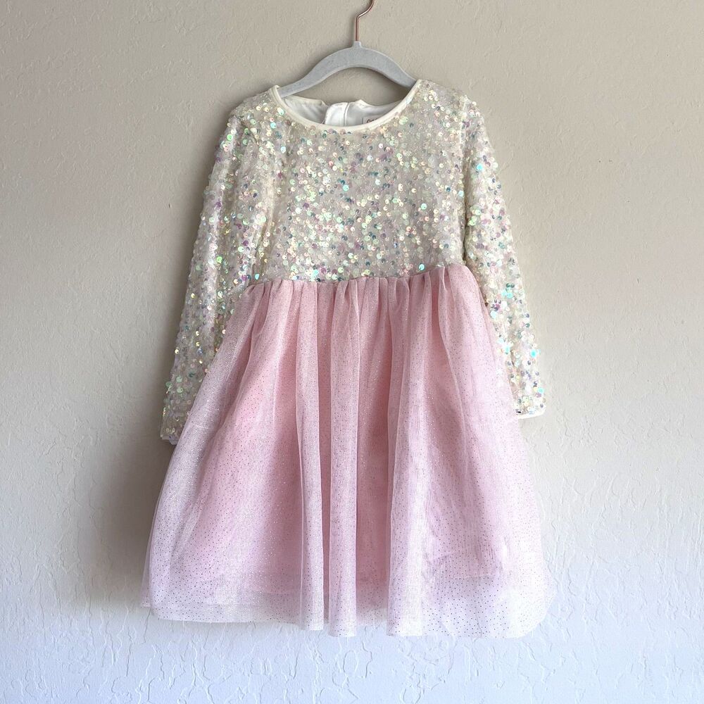 Cat & Jack Girls XS 4/5 Pink Iridescent Sequin Tulle Party Dress Long Sleeve